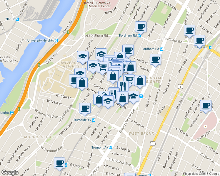 map of restaurants, bars, coffee shops, grocery stores, and more near 2195 Jerome Avenue in The Bronx