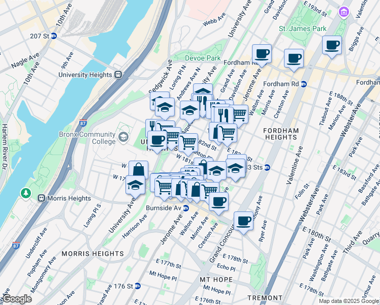 map of restaurants, bars, coffee shops, grocery stores, and more near 71 West 181st Street in The Bronx