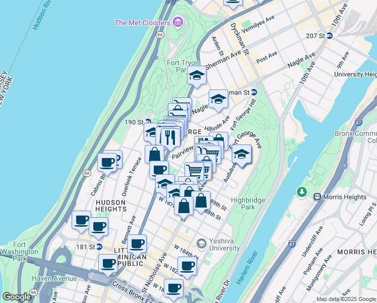 map of restaurants, bars, coffee shops, grocery stores, and more near 82-76 Wadsworth Terrace in New York