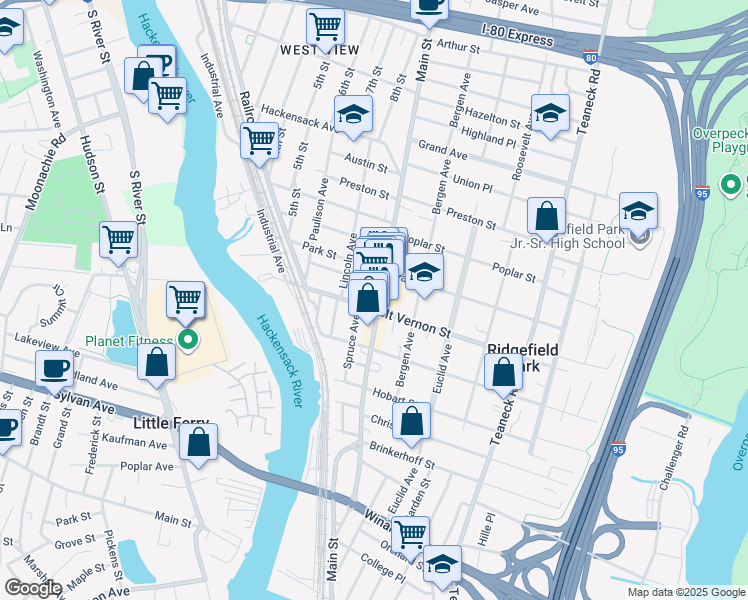 map of restaurants, bars, coffee shops, grocery stores, and more near 201 Main Street in Ridgefield Park