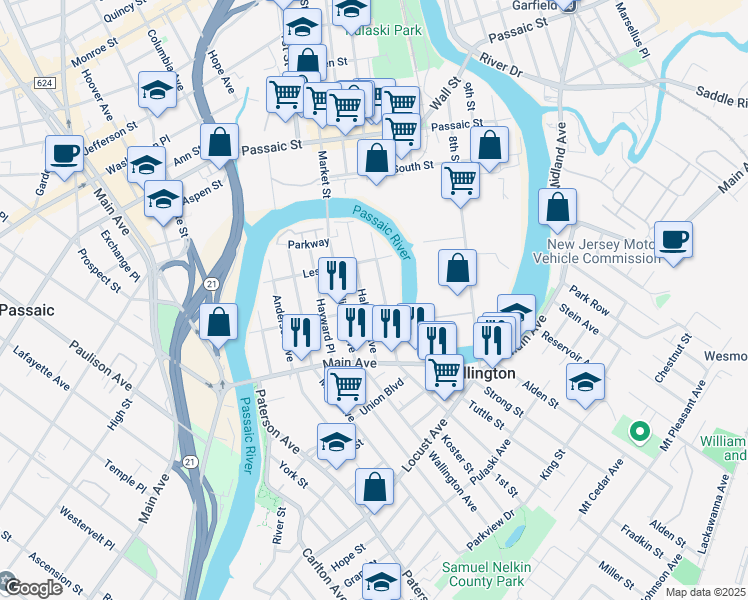 map of restaurants, bars, coffee shops, grocery stores, and more near 117 Mercer Street in Wallington