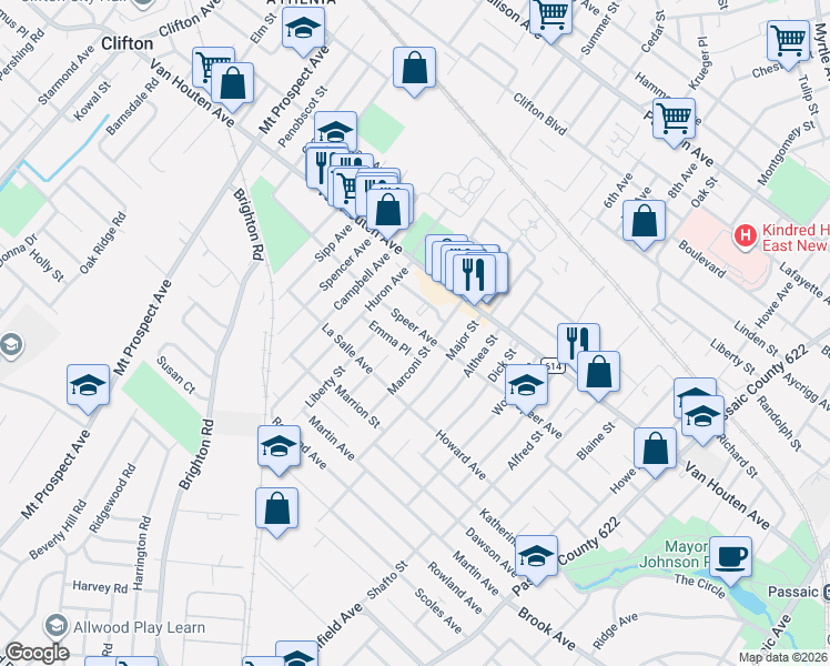 map of restaurants, bars, coffee shops, grocery stores, and more near 146 Speer Avenue in Clifton