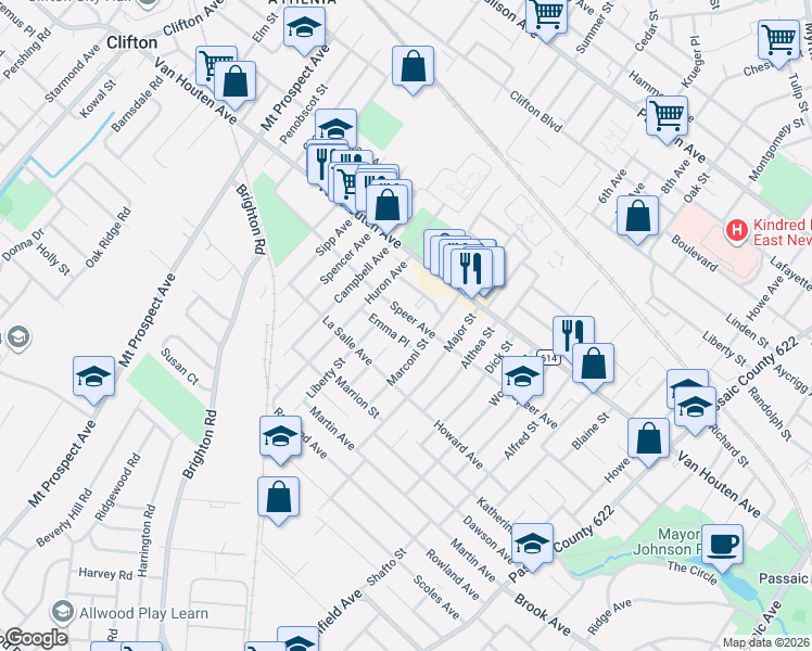 map of restaurants, bars, coffee shops, grocery stores, and more near 146 Speer Avenue in Clifton