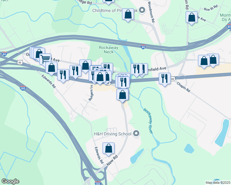 map of restaurants, bars, coffee shops, grocery stores, and more near in Parsippany-Troy Hills