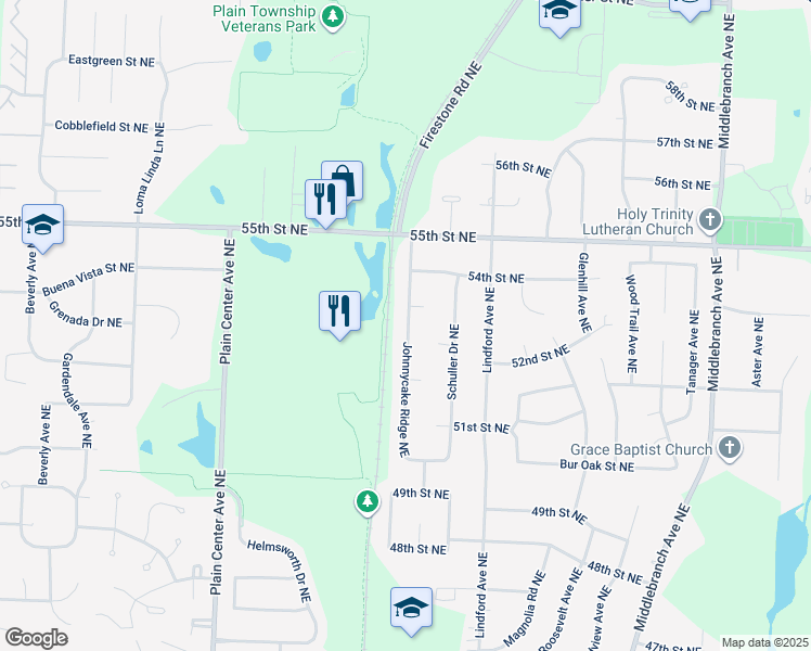 map of restaurants, bars, coffee shops, grocery stores, and more near 5303 Johnnycake Ridge Northeast in Canton