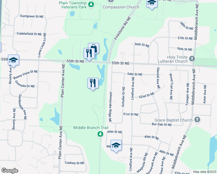 map of restaurants, bars, coffee shops, grocery stores, and more near 5303 Johnnycake Ridge Northeast in Canton