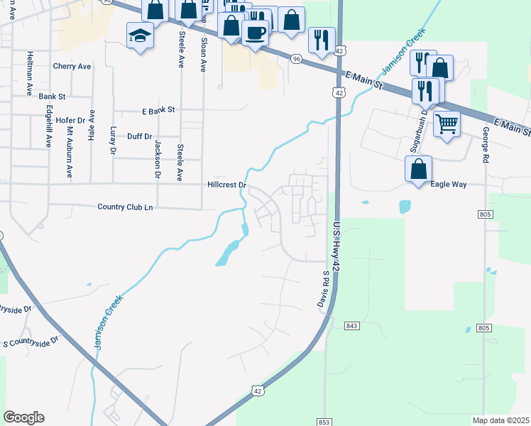 map of restaurants, bars, coffee shops, grocery stores, and more near 1242 Colonial Drive in Ashland