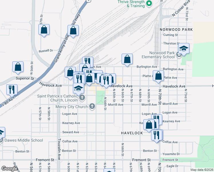 map of restaurants, bars, coffee shops, grocery stores, and more near 6333 Platte Avenue in Lincoln