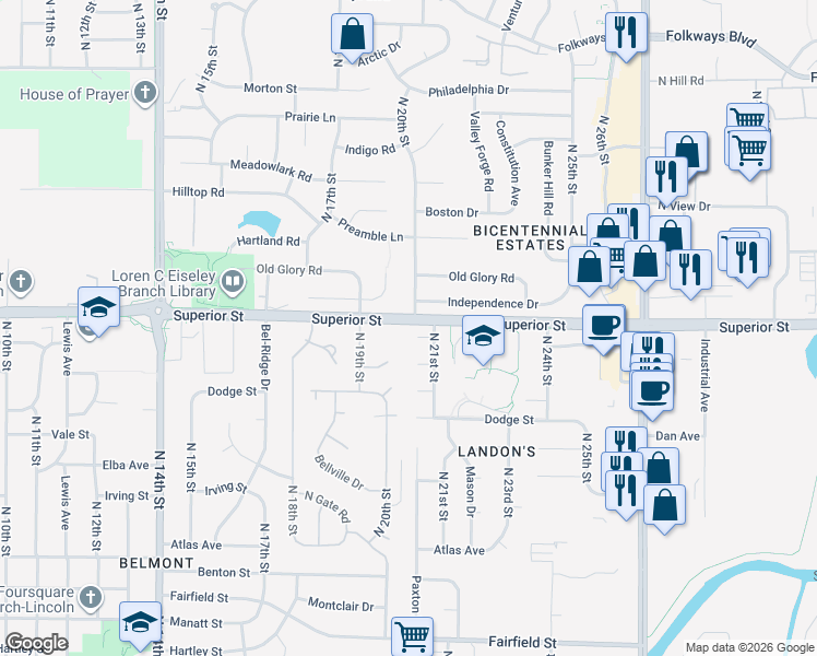 map of restaurants, bars, coffee shops, grocery stores, and more near 2000 Bilmar Circle in Lincoln