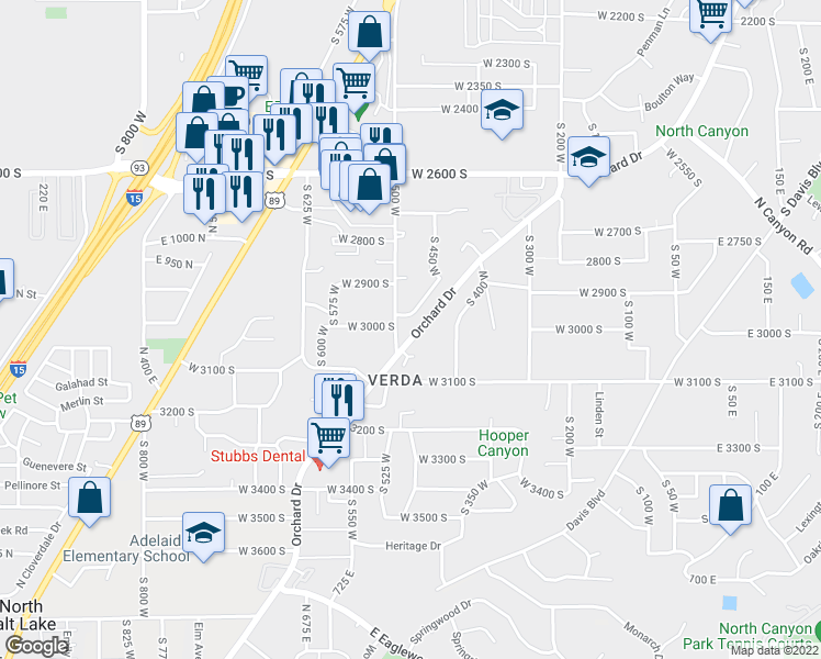 map of restaurants, bars, coffee shops, grocery stores, and more near 3000 Orchard Drive in Bountiful