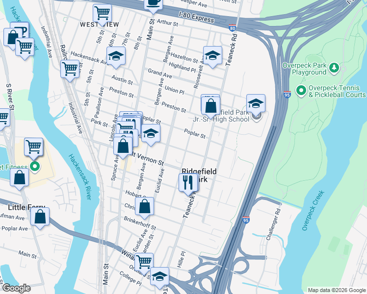 map of restaurants, bars, coffee shops, grocery stores, and more near 110 Hudson Avenue in Ridgefield Park