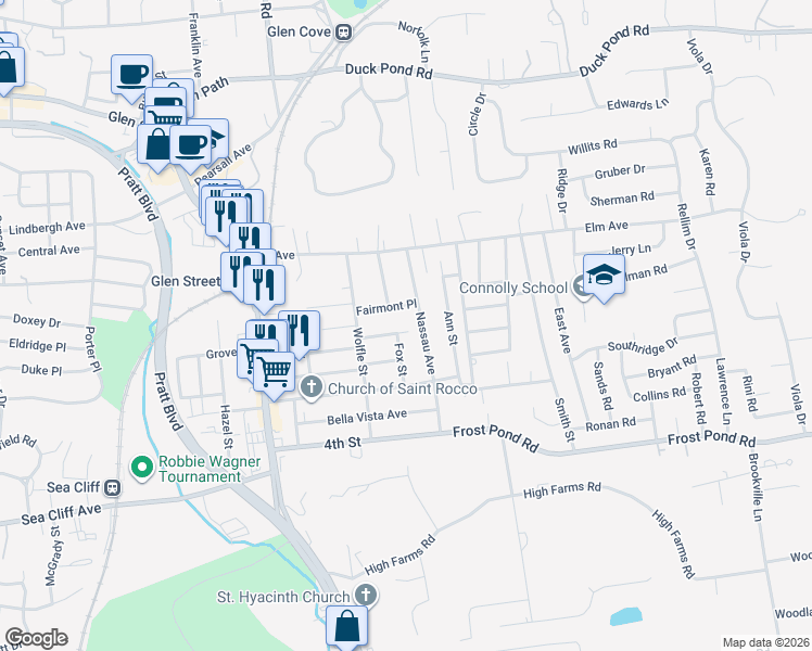 map of restaurants, bars, coffee shops, grocery stores, and more near 61 1st Street Extension in Glen Cove