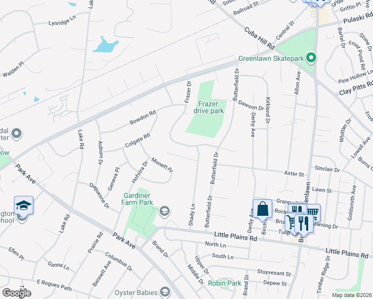 map of restaurants, bars, coffee shops, grocery stores, and more near 11 Frazer Dr in Greenlawn