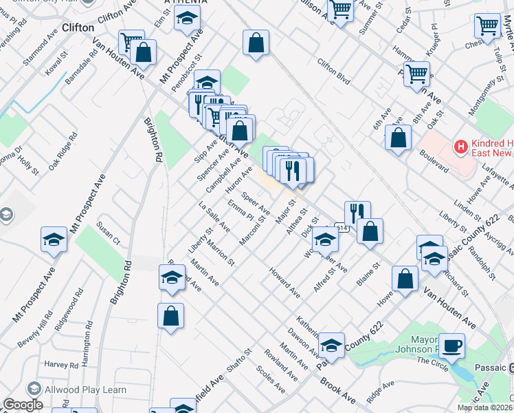 map of restaurants, bars, coffee shops, grocery stores, and more near 146 Speer Avenue in Clifton