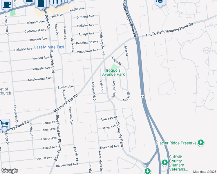 map of restaurants, bars, coffee shops, grocery stores, and more near 85 South Bicycle Path in Selden