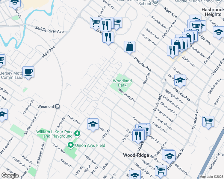 map of restaurants, bars, coffee shops, grocery stores, and more near 5 Lincoln Avenue in Hasbrouck Heights