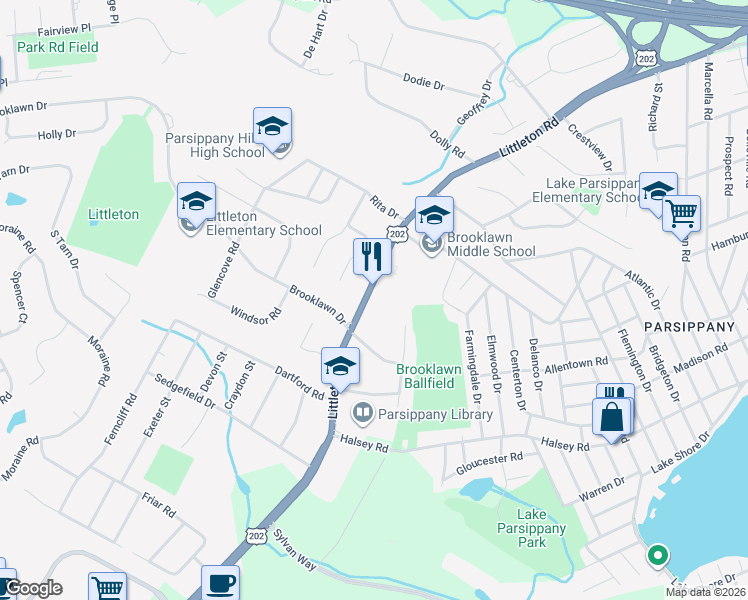 map of restaurants, bars, coffee shops, grocery stores, and more near 1221 U.S. 202 in Morris Plains