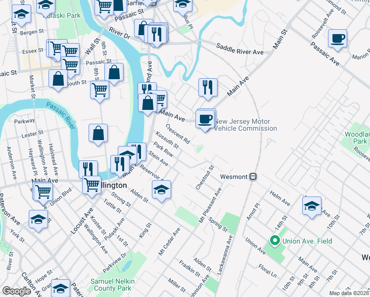 map of restaurants, bars, coffee shops, grocery stores, and more near 69 Kossuth Street in Wallington
