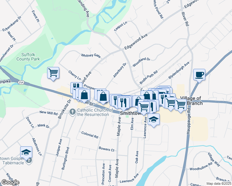 map of restaurants, bars, coffee shops, grocery stores, and more near 10 Fairview Avenue in Smithtown