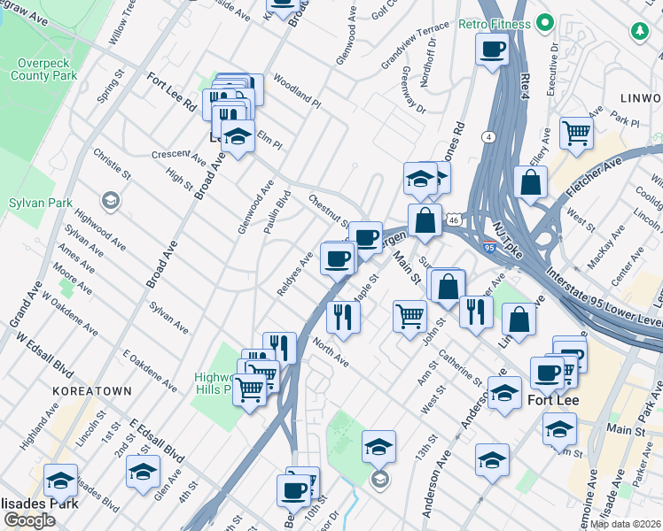 map of restaurants, bars, coffee shops, grocery stores, and more near 101 Irving St in Leonia