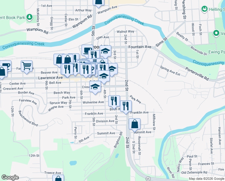 map of restaurants, bars, coffee shops, grocery stores, and more near 309R Crescent Avenue in Ellwood City