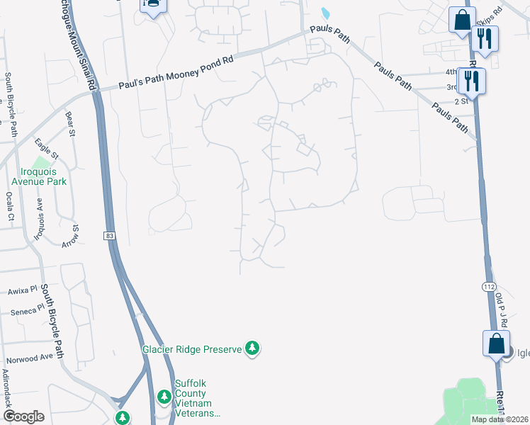 map of restaurants, bars, coffee shops, grocery stores, and more near 242 Brettonwoods Drive in Coram