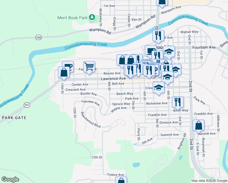 map of restaurants, bars, coffee shops, grocery stores, and more near 831 Crescent Avenue in Ellwood City
