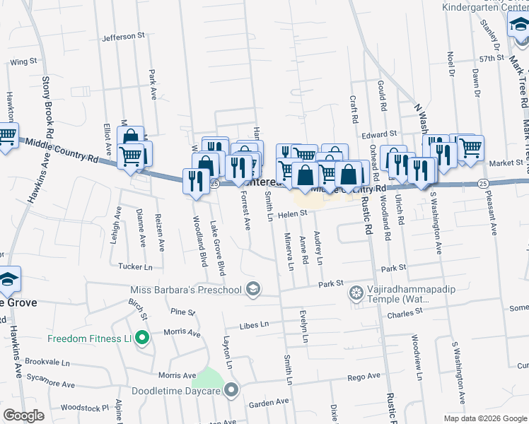 map of restaurants, bars, coffee shops, grocery stores, and more near 7 Smith Lane in Centereach