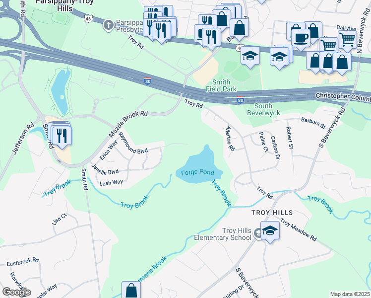 map of restaurants, bars, coffee shops, grocery stores, and more near 365 Raymound Boulevard in Parsippany-Troy Hills