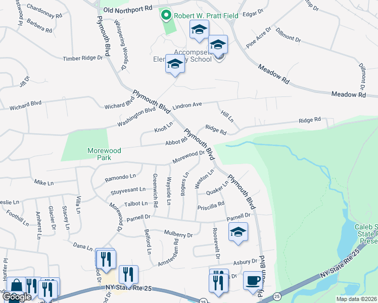 map of restaurants, bars, coffee shops, grocery stores, and more near 134 Morewood Drive in Smithtown