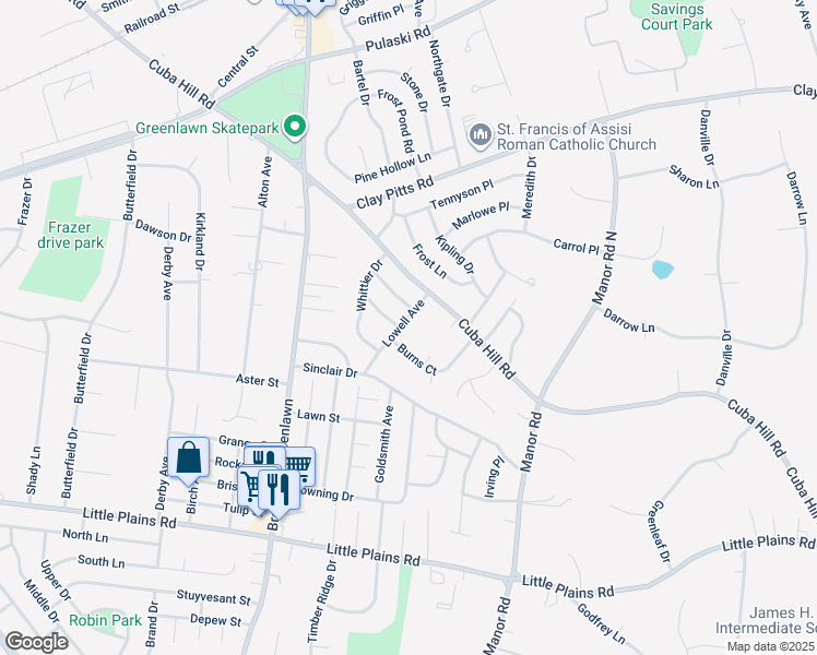 map of restaurants, bars, coffee shops, grocery stores, and more near 10 Lowell Avenue in Greenlawn