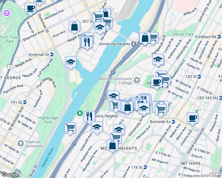 map of restaurants, bars, coffee shops, grocery stores, and more near 7 Cedar Avenue in Bronx