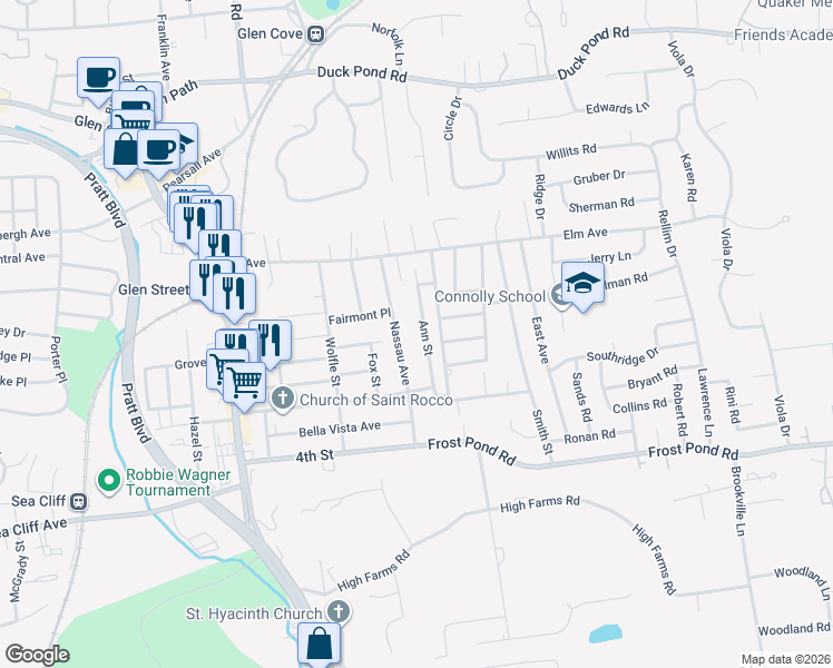 map of restaurants, bars, coffee shops, grocery stores, and more near 20 Ann Street in Glen Cove