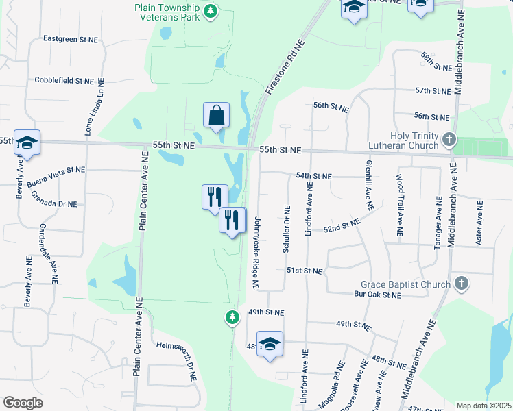 map of restaurants, bars, coffee shops, grocery stores, and more near 5303 Johnnycake Ridge Northeast in Canton