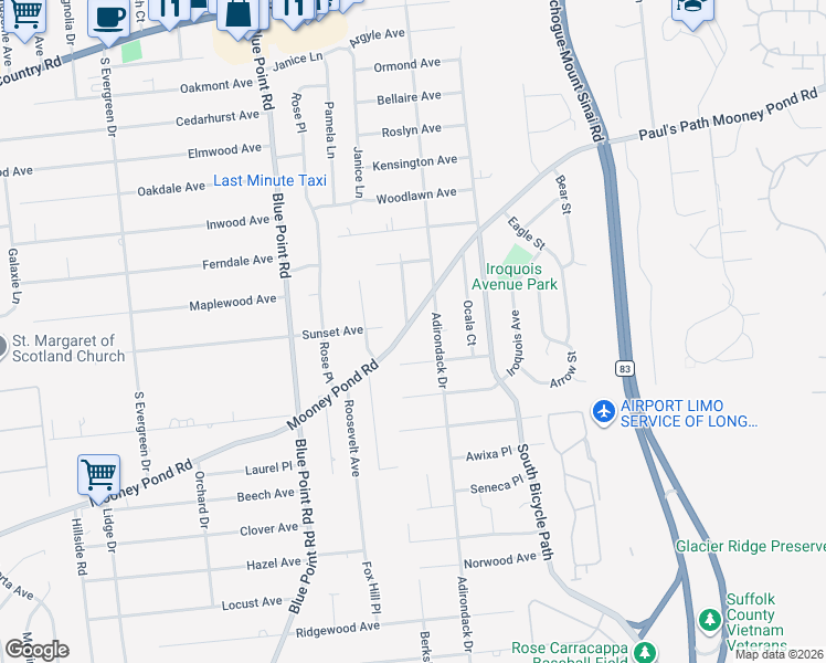 map of restaurants, bars, coffee shops, grocery stores, and more near 226 Mooney Pond Road in Selden