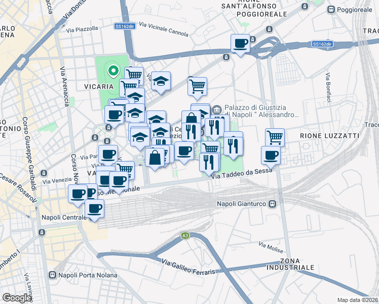 map of restaurants, bars, coffee shops, grocery stores, and more near Viale della Costituzione in Naples