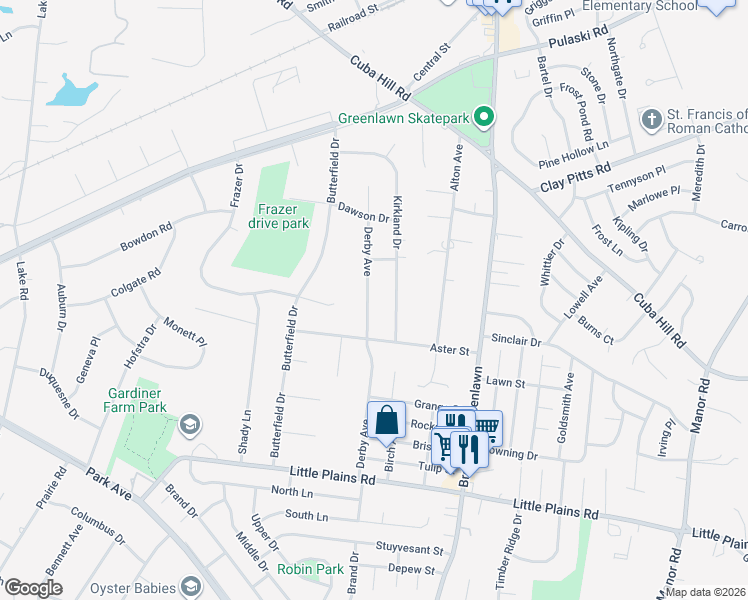 map of restaurants, bars, coffee shops, grocery stores, and more near 62 Derby Avenue in Greenlawn