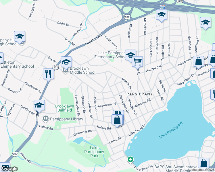 map of restaurants, bars, coffee shops, grocery stores, and more near 195 Longport Road in Parsippany-Troy Hills