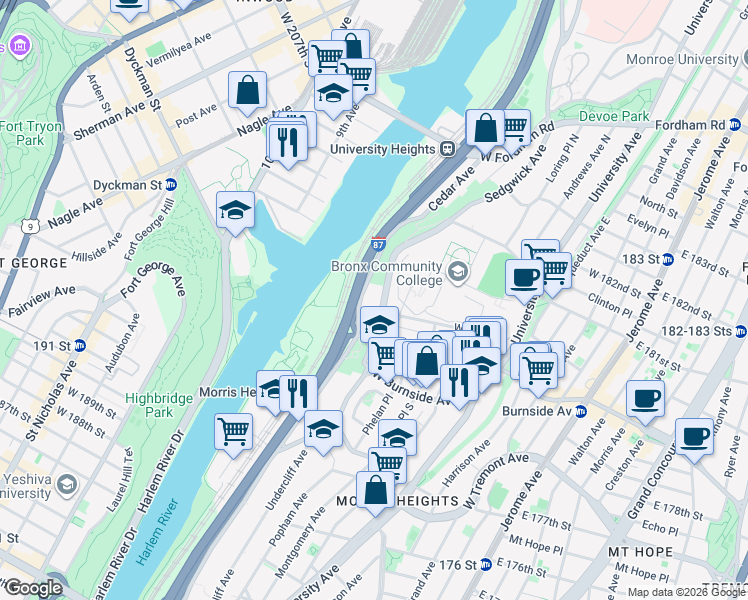 map of restaurants, bars, coffee shops, grocery stores, and more near 7 Cedar Avenue in Bronx