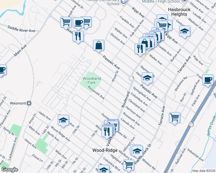 map of restaurants, bars, coffee shops, grocery stores, and more near 55 Wood Street in Hasbrouck Heights