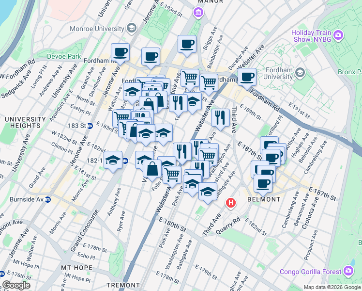map of restaurants, bars, coffee shops, grocery stores, and more near East 184th Street in Bronx