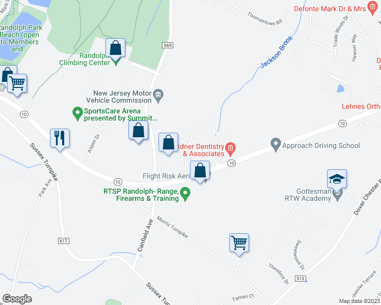 map of restaurants, bars, coffee shops, grocery stores, and more near 40 Arrowgate Drive in Randolph