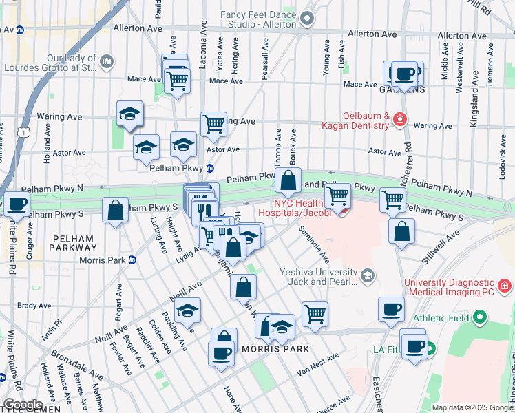 map of restaurants, bars, coffee shops, grocery stores, and more near 1204 Pelham Parkway South in Bronx