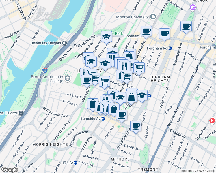 map of restaurants, bars, coffee shops, grocery stores, and more near Grand Avenue in Bronx