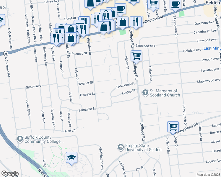 map of restaurants, bars, coffee shops, grocery stores, and more near 24 Spruceton Street in Selden