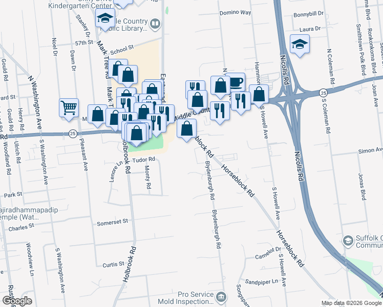 map of restaurants, bars, coffee shops, grocery stores, and more near 56 Horseblock Road in Centereach