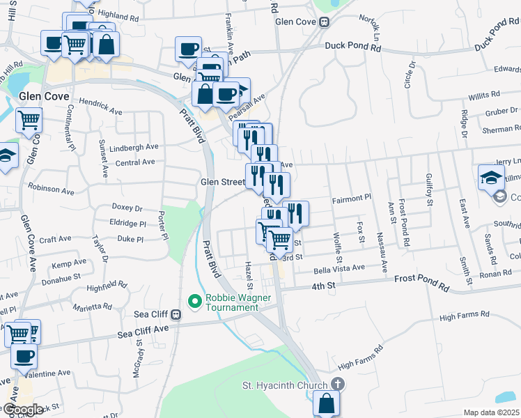 map of restaurants, bars, coffee shops, grocery stores, and more near 20 Cedar Swamp Road in Glen Cove