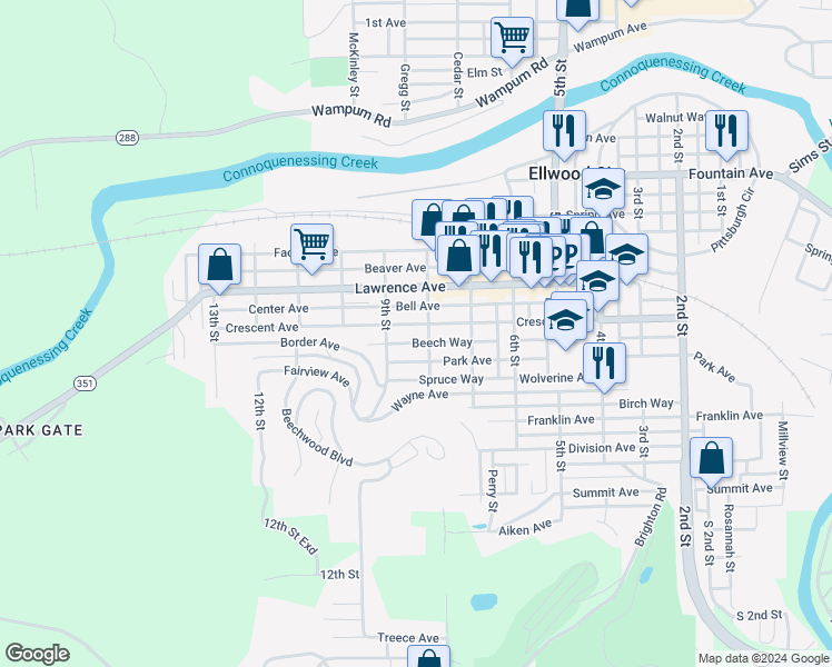 map of restaurants, bars, coffee shops, grocery stores, and more near 809 Crescent Avenue in Ellwood City