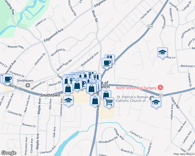 map of restaurants, bars, coffee shops, grocery stores, and more near 30 River Road in Smithtown