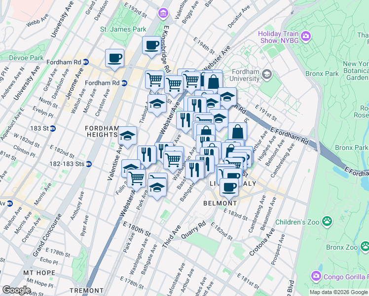 map of restaurants, bars, coffee shops, grocery stores, and more near 451 East 185th Street in The Bronx